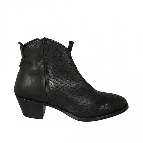 Woman's Texan ankle boot with zipper in black leather and pierced leather heel 5 - Available sizes:  33, 34, 43, 44, 45