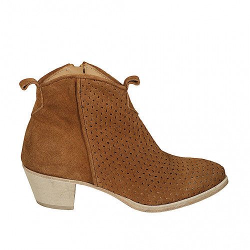 Woman's Texan ankle boot in tan brown suede and pierced suede with zipper heel 5 - Available sizes:  43