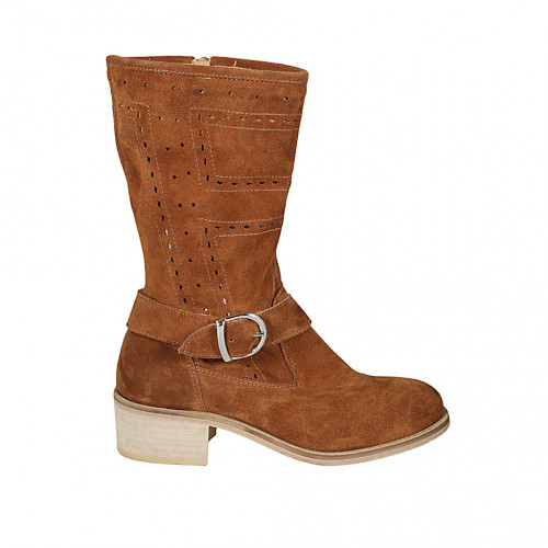 Woman's ankle boot in tan brown suede and pierced suede with zipper and buckle heel 4 - Available sizes:  33, 34, 43, 45, 46