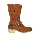 Woman's ankle boot in tan brown suede and pierced suede with zipper and buckle heel 4 - Available sizes:  33, 34, 43, 45, 46