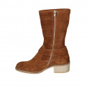 Woman's ankle boot in tan brown suede and pierced suede with zipper and buckle heel 4 - Available sizes:  33, 34, 43, 45, 46