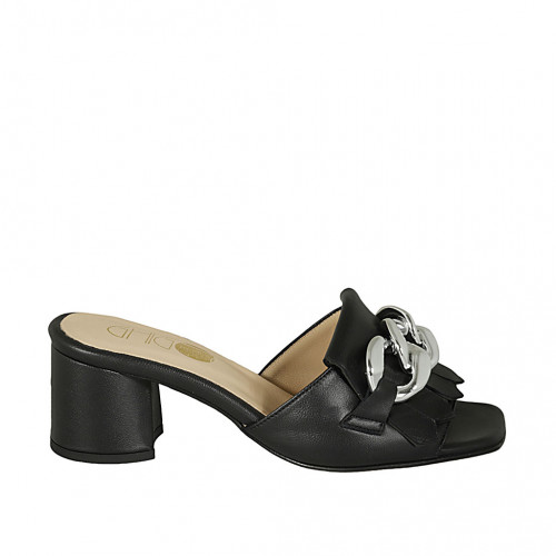 Woman's mule with fringes and chain in black leather heel 5 - Available sizes:  32, 33, 43, 45
