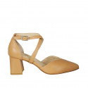 Woman's pointy open shoe with crossed strap in cognac brown leather heel 6 - Available sizes:  44