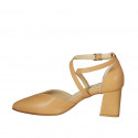 Woman's pointy open shoe with crossed strap in cognac brown leather heel 6 - Available sizes:  44