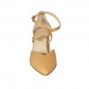 Woman's pointy open shoe with crossed strap in cognac brown leather heel 6 - Available sizes:  44