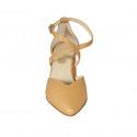 Woman's pointy open shoe with crossed strap in tan brown leather heel 6 - Available sizes:  44