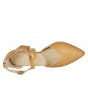 Woman's pointy open shoe with crossed strap in cognac brown leather heel 6 - Available sizes:  44