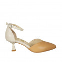 Woman's pointy open shoe with strap in cream and cognac brown leather heel 6 - Available sizes:  43, 44, 45