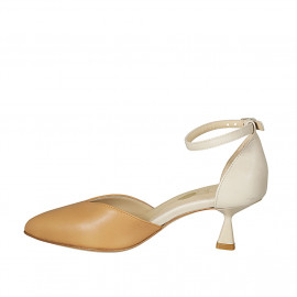 Zapato abierto puntiagudo con cinturon para mujer en piel crema y cognac tacon 6 - Tallas disponibles:  44 2