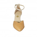 Woman's pointy open shoe with strap in cream and cognac brown leather heel 6 - Available sizes:  43, 44, 45