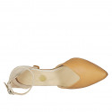 Woman's pointy open shoe with strap in cream and cognac brown leather heel 6 - Available sizes:  43, 44, 45
