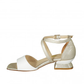 Woman's open shoe with crossed strap in white and platinum laminated leather heel 4 - Available sizes:  42 2