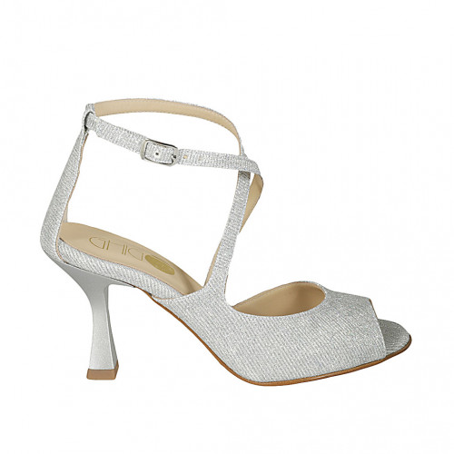 Woman's open shoe with crossed strap in silver laminated fabric heel 8 - Available sizes:  44, 46