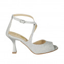 Woman's open shoe with crossed strap in silver laminated fabric heel 8 - Available sizes:  34, 44, 45, 46