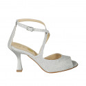 Woman's open shoe with crossed strap in silver laminated fabric heel 8 - Available sizes:  44, 46