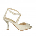 Woman's open shoe with crossed strap in platinum laminated fabric heel 8 - Available sizes:  42, 43, 44, 45, 46