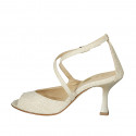 Woman's open shoe with crossed strap in platinum laminated fabric heel 8 - Available sizes:  32, 42, 43, 44, 45, 46