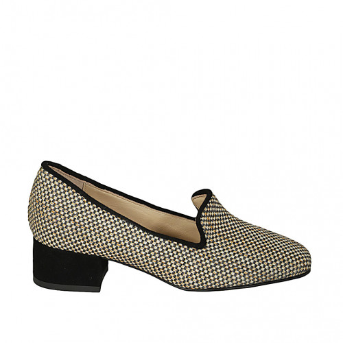 Woman's loafer in black suede and beige braided fabric heel 4 - Available sizes:  44, 45