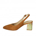 Woman's slingback pump in tan brown suede with floral coated heel 6 - Available sizes:  45, 46