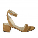 Sandalia para mujer con cinturon al tobillo en gamuza cognac tacon 5 - Tallas disponibles:  42, 43, 44, 45