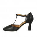 Chaussure ouverte pour femmes avec courroie à T en cuir noir talon 8 - Pointures disponibles:  31, 33, 42, 43, 44