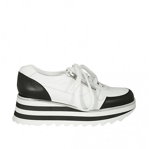 Scarpa stringata con cerniere da donna in pelle bianca e nera zeppa 5 - Misure disponibili: 42, 44