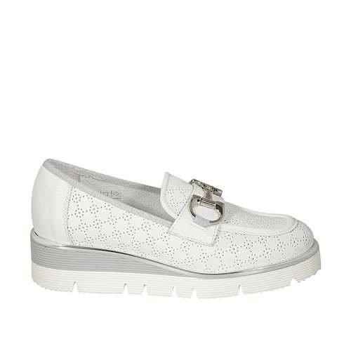 Woman's moccasin shoe with accessory in white pierced leather wedge heel 4 - Available sizes:  42, 45