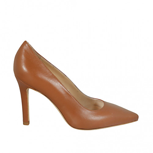 Zapato de salon puntiagudo para mujer en piel cognac con tacon 9 - Tallas disponibles:  32, 33, 34, 42, 43