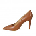 Zapato de salon puntiagudo para mujer en piel cognac con tacon 9 - Tallas disponibles:  32, 33, 34, 42, 43