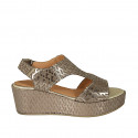 Woman's sandal with velcro strap in taupe laminated printed fabric wedge heel 6 - Available sizes:  42, 43, 44, 45