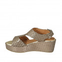 Woman's sandal with velcro strap in taupe laminated printed fabric wedge heel 6 - Available sizes:  42, 43, 44, 45