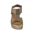 Woman's sandal with velcro strap in taupe laminated printed fabric wedge heel 6 - Available sizes:  42, 43, 44, 45