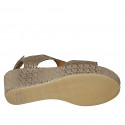Woman's sandal with velcro strap in taupe laminated printed fabric wedge heel 6 - Available sizes:  42, 43, 44