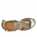 Woman's sandal with velcro strap in taupe laminated printed fabric wedge heel 6 - Available sizes:  42, 43, 44