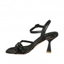 Sandale pour femmes avec courroie et strass en cuir noir talon 8 - Pointures disponibles:  42, 43, 46