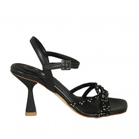 Sandale pour femmes avec courroie et strass en cuir noir talon 8 - Pointures disponibles:  42, 43