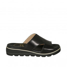 Woman's mule in black leather wedge heel 3 - Available sizes:  42, 43
