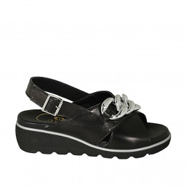 Woman's sandal with chain in black leather wedge heel 4 - Available sizes: 42