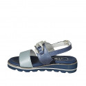 Woman's sandal with chain in blue and light blue laminated leather leather wedge heel 3 - Available sizes:  32, 33, 42, 43, 44