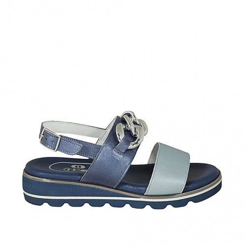 Woman's sandal with chain in blue and light blue laminated leather leather wedge heel 3 - Available sizes:  42, 43, 44