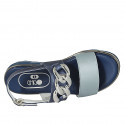 Woman's sandal with chain in blue and light blue laminated leather leather wedge heel 3 - Available sizes:  42, 43, 44