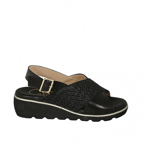 Woman's sandal in black leather and braided leather wedge heel 4 - Available sizes:  34, 42, 43, 44, 45