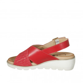Sandale pour femmes en cuir et cuir tressé rouge talon compensé 4 - Pointures disponibles:  42, 43 2