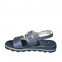 Woman's sandal with accessory in blue laminated leather wedge heel 3 - Available sizes:  32, 33, 42, 43, 44, 45