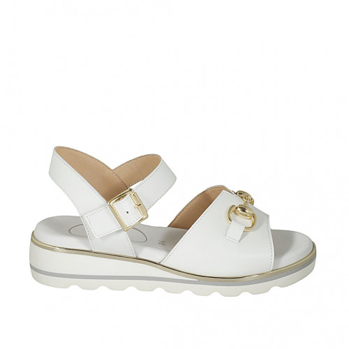 Woman's sandal in white leather with strap and accessory wedge heel 3 - Available sizes:  42, 43, 44