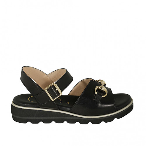 Woman's sandal in black leather with strap and accessory wedge heel 3 - Available sizes:  32, 42, 43, 44