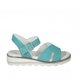 Woman's sandal in turquoise printed leather with strap wedge heel 3 - Available sizes: 32, 33, 42, 43, 44
