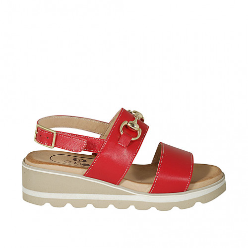 Woman's sandal with accessory in red leather wedge heel 4 - Available sizes:  42, 43, 44, 46