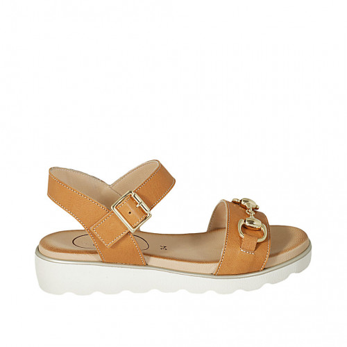 Woman's sandal with strap and accessory in cognac brown leather wedge heel 3 - Available sizes:  42