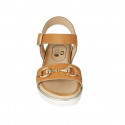 Woman's sandal with strap and accessory in cognac brown leather wedge heel 3 - Available sizes:  42